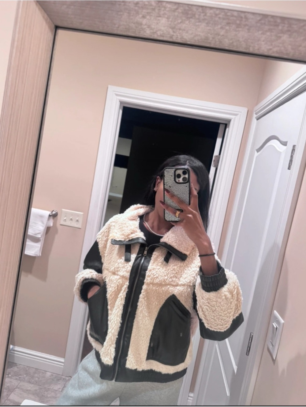 Fashion Nova Cream Sherpa Jacket with Black Faux Trim